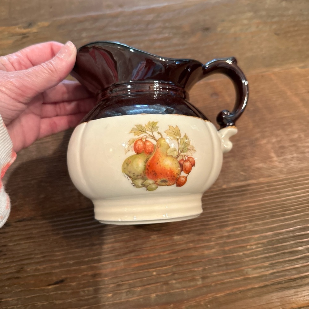 Vintage McCoy Pottery Apples Leaves and Acorns Brown & Cream Pitcher No 7528